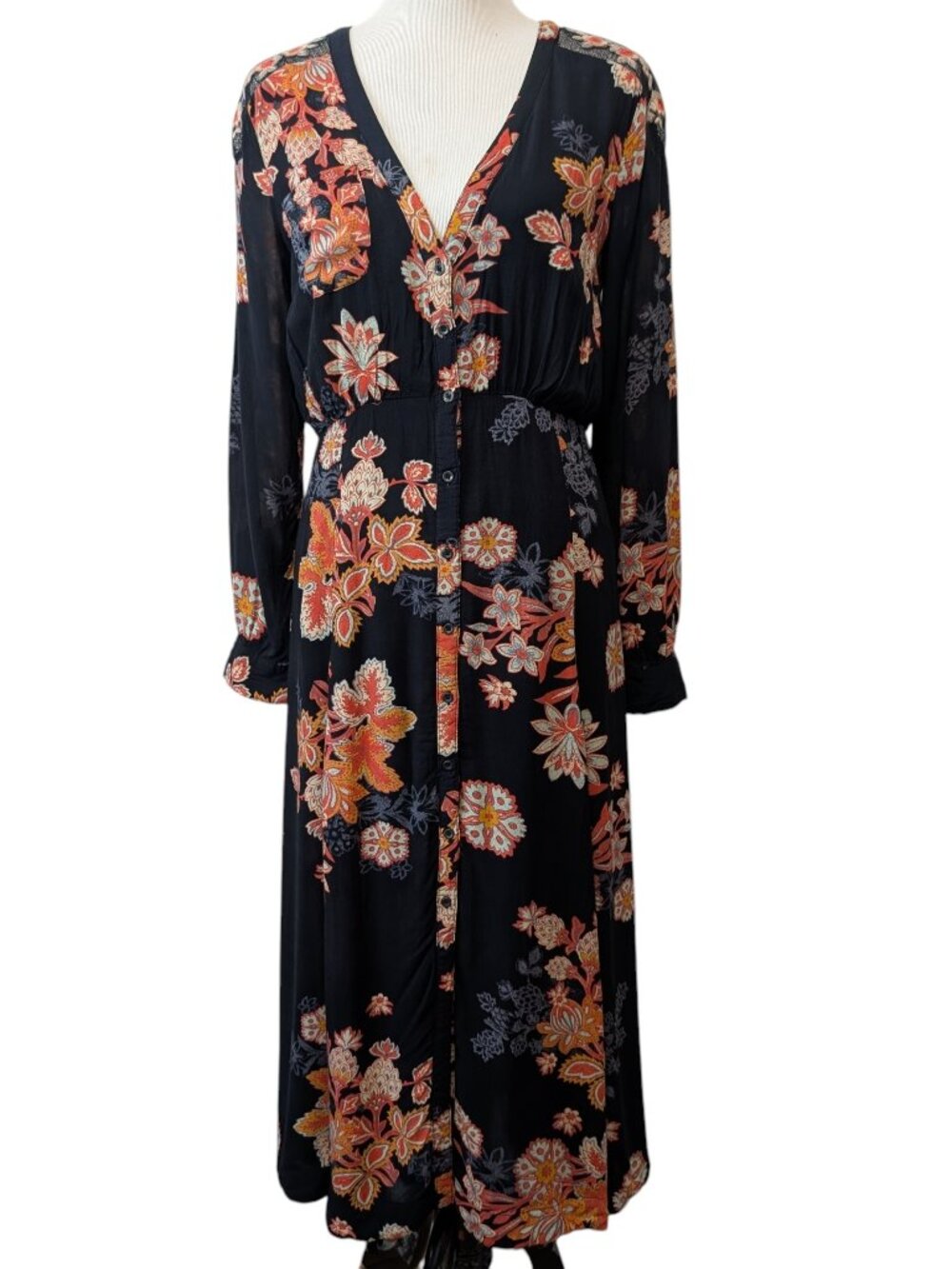 Free People Womens Size 8 Miranda Black Floral Button Up Slits Rayon Midi Dress